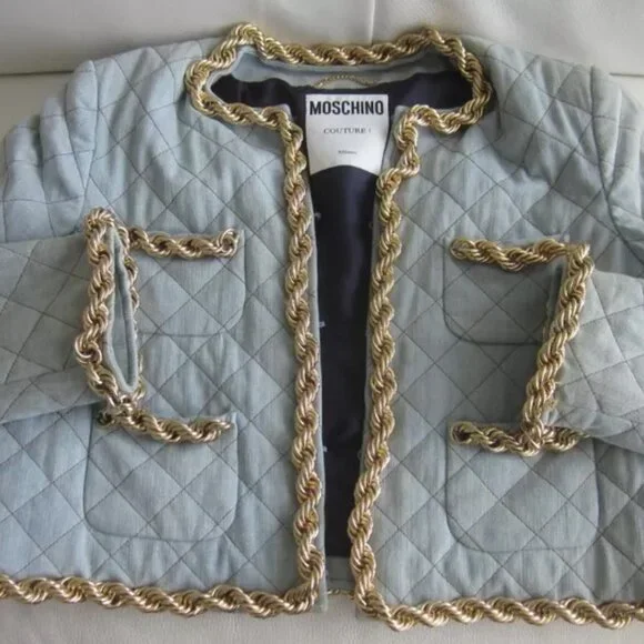 MOSCHINO COUTURE LIGHT WASH FADED DENIM QUILT GOLD CHAIN JACKET IT44 USA 10 - Picture 6 of 15